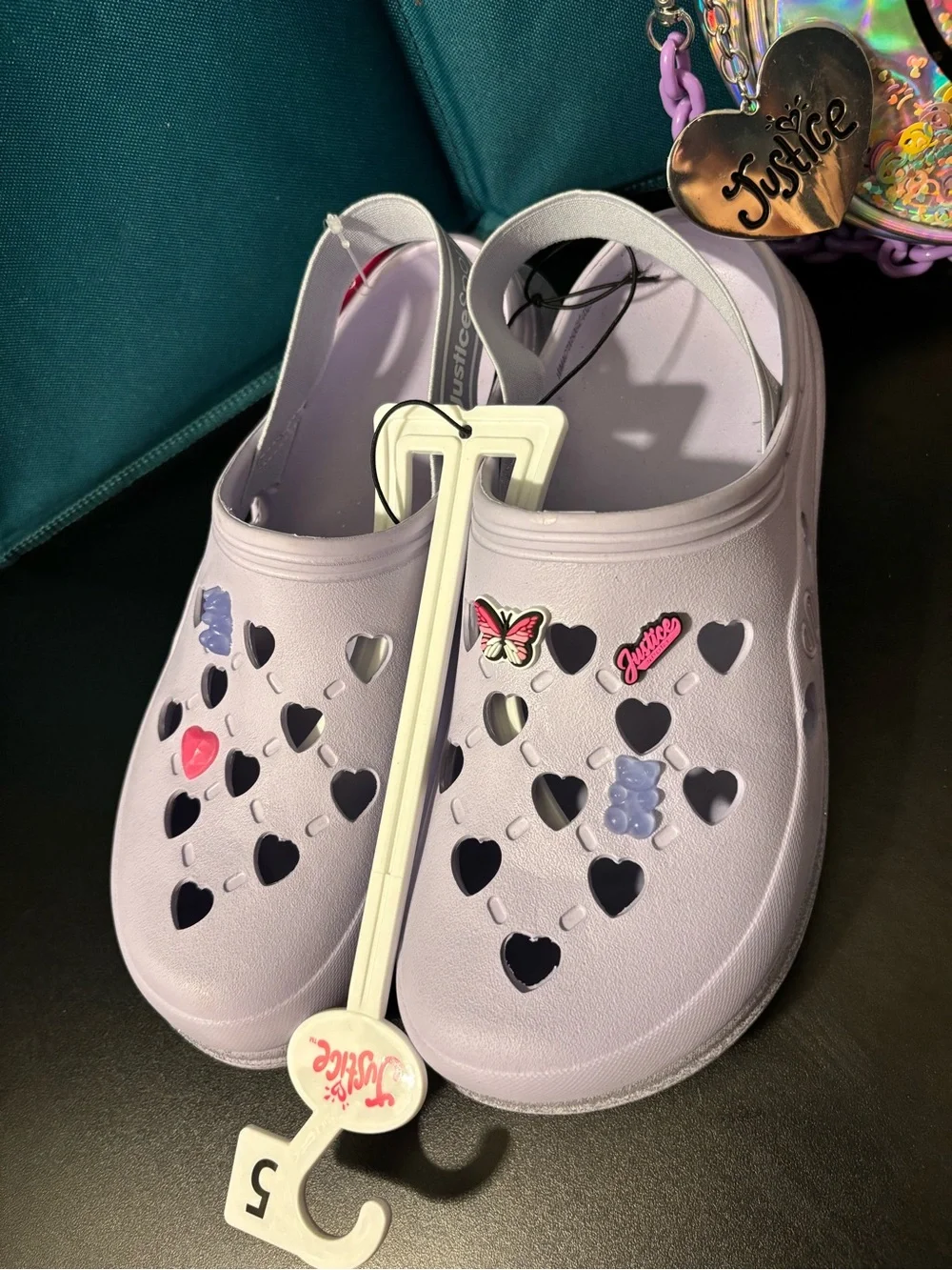 Justice Lavender Heart Slip-On Clogs with Holographic Smile Bag